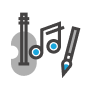 violin, musical note and paintbrush icon